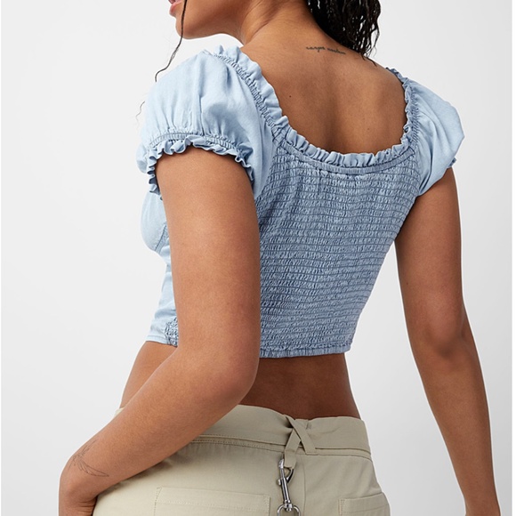 Love Tree baby blue denim boho peasant puff sleeves accent bow bustier top NWT - Picture 2 of 13